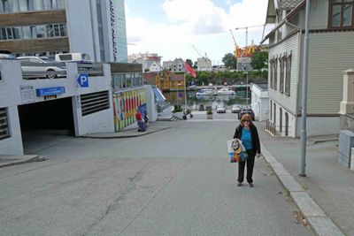 Susan climbing back up the hill from Marilyn Monroe statue in Haugesund