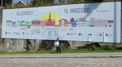 Welcome sign for Haugesund, Norway on the bank of Smdeasundet Sound