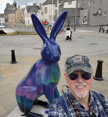 Bill with Hare statue in Lerwick, Shetland Islands