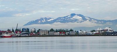 Low-hanging clouds behind Akureyri, Iceland