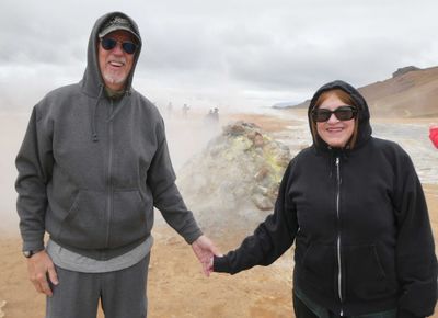 In front of a fumarole in Námafjall Geothermal Area in Iceland