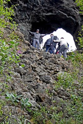 Bill made the rocky climb to Hallarflöt hole at Dimmuborgir