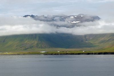 Low clouds and snowy mountains on Breida Fjord in July