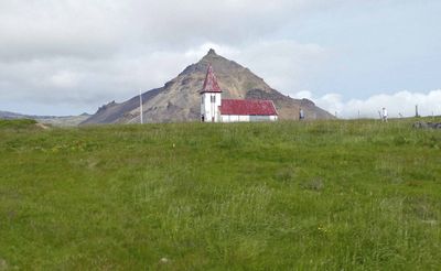 Hellnar Church and Mt. Stapafell (said to be the home of reclusive elves) in Iceland