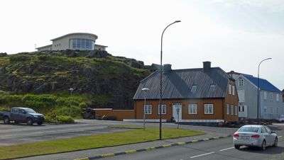 Interesting house design on the hill in Stykkisholmur, Iceland