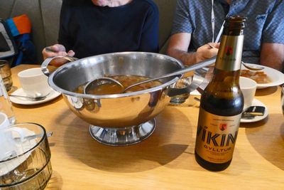 Farmer's soup, bread, and Viking beer for lunch at Gullfoss in Iceland
