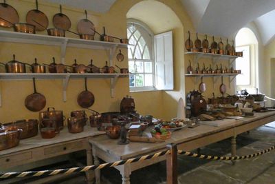Collection of original copper pots in Inverary Castle Kitchen
