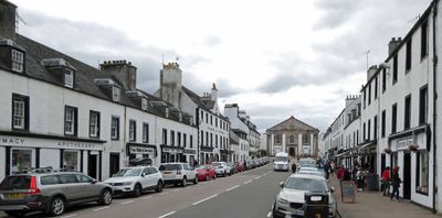 Main Street in Inverary, Scotland leads to Glenaray and Inverary Parish Church