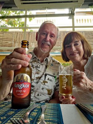 Enjoying Cambodian beer at lunch
