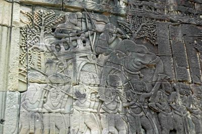 The bas-reliefs and carvings around Bayon Temple tell historic tales the Khmer Empire