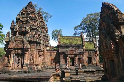 Banteay Srei is mostly constructed of hard red sandstone which can be carved like wood