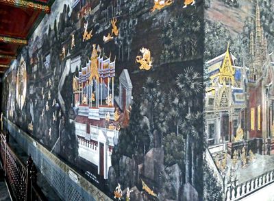 Historical murals are found throughout the grounds of the Grand Palace in Bangkok