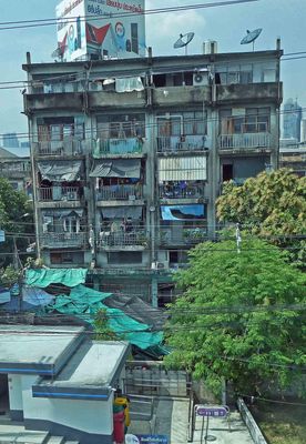 Old apartment building off the highway in Bangkok