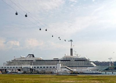 Singapore Cable Car goes right over our ship