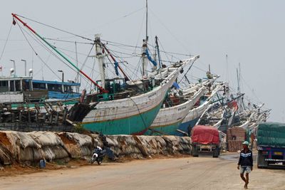Pinisi Schooners line the dock at Jakarta's old port (Sunda Kelapa)