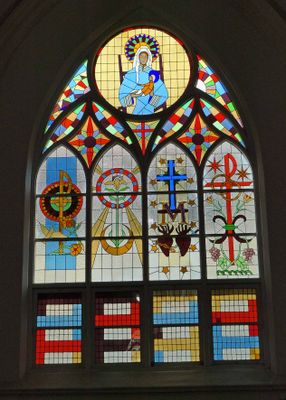Unusual stained glass in the Birth of Blessed Virgin Mary Church in Surabaya, Indonesia