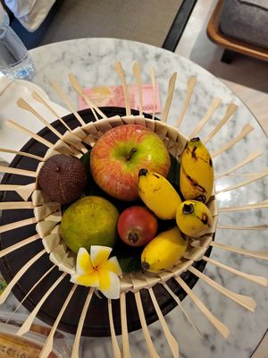 Fruit basket in our hotel room with Indonesian fruits (we love the finger bananas)