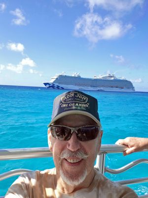 Bill on top deck of tender to Princess Cays