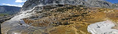 Wide shot of impressive Travetine Terraces at Mammoth Hot Springs in Yellowstone