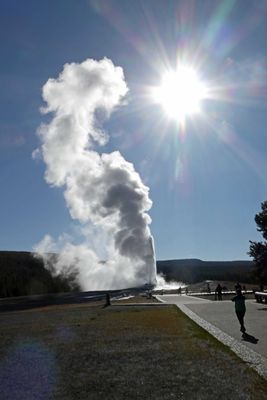 Early morning eruption of Old Faithful