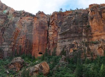 Hole at the bottom is the window from the previous photo inside the tunnel in Zion National Park