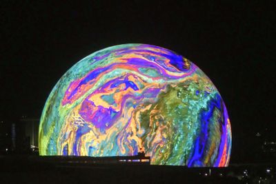 Watching The Sphere's changing colors from our hotel room