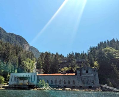 Lake Buntzen Powerhouse #1 (1904) on the right was replaced by the remote power-station on the left in 1951