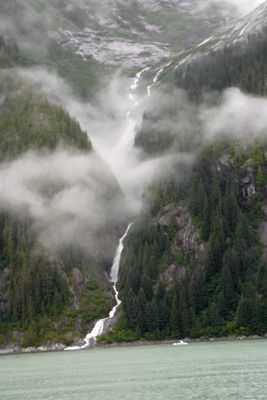 Mist and waterfalls in Tracy Arm Fjord, Alaska