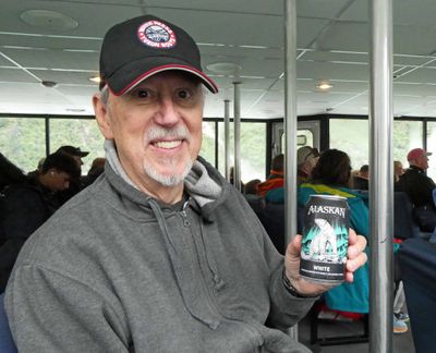 Drinking a local beer on the Tracy Arm Inlet shore tour