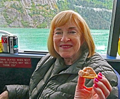Susan sampling Southeast Alaska Smoked Salmon Dip