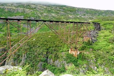Abandoned, collapsed bridge at the Gulch on White Pass & Yukon Railroad Route