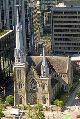 Looking down at Holy Rosary Cathedral (built 1887-1899) from Vancouver Lookout