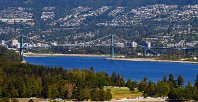 The Lion's Gate Bridge (1938) crosses Burrard Inlet and connects Vancouver to North & West Vancouver