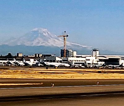 Looking at Mt. Rainier from Seattle Airport Tarmac before layover and plane change
