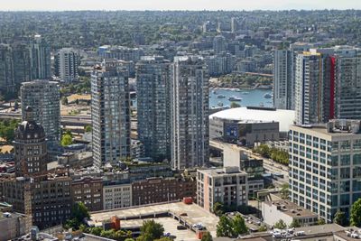 Sun Tower (1912). Rogers Arena (NHL), and False Creek neighborhood of Vancouver from Vansouver Lookout