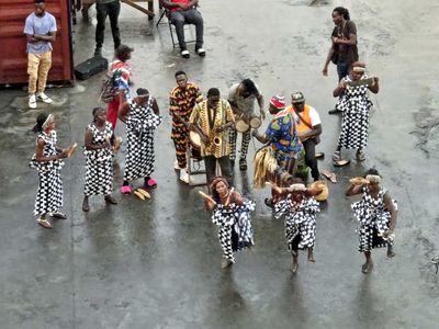 Dancers & musicians below our balcony in Banjul, Gambia.jpg