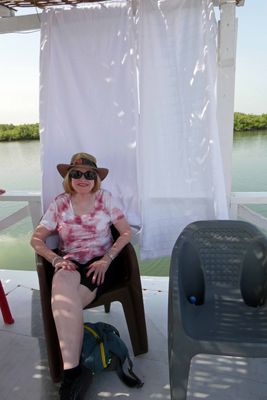 Susan with makeshift shade.JPG