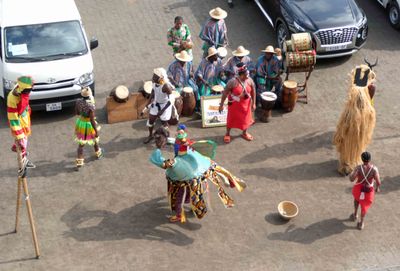 Tradional Togo dancers on the dock in Loma, Togo.JPG