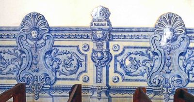 Portuguese-style blue tile work covers the walls in the Cathedral of Sao Tome.JPG