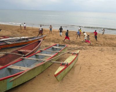 Soccer on the beach in the fishing village of Pantufo, Sao Tome & Principe.JPG