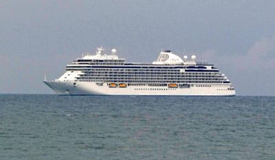 Regent Seven Seas Splendor at anchor in the Gulf of Guinea near the Equator.JPG