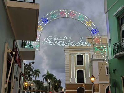 Christmas decorations on Calle Fortaleza in Old San Juan