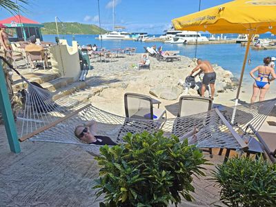 Barbara relaxing after lunch at Leverick Bay, BVI