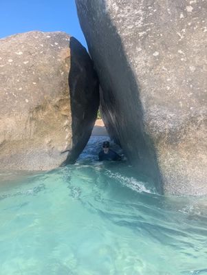 The tide between these two rocks created a suction that pulled Bill in and spit him out