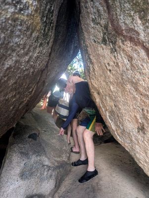 Tight squeeze going through The Caves in Greater Baths National Park on Virgin Gorda