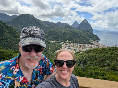 Overlooking the town of Soufriere, St. Lucia with Pitons in the background