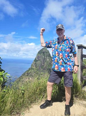 Bill with Petit Piton at the top of the Tet Paul Nature Trail