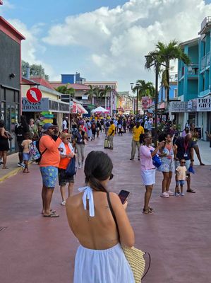 High Street in St. John's, Antigua is busy with several cruise ships in port