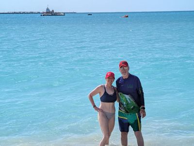 Barbara & Bill in the water at Great Bay Beach in St. Maarten