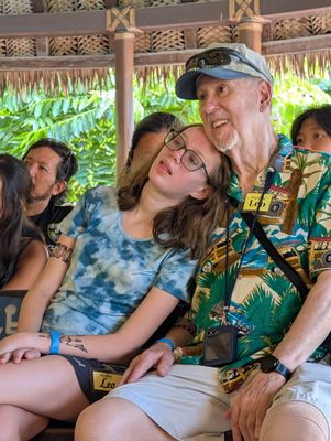Maddie's tired after at the end of the day at Polynesian Cultural Center